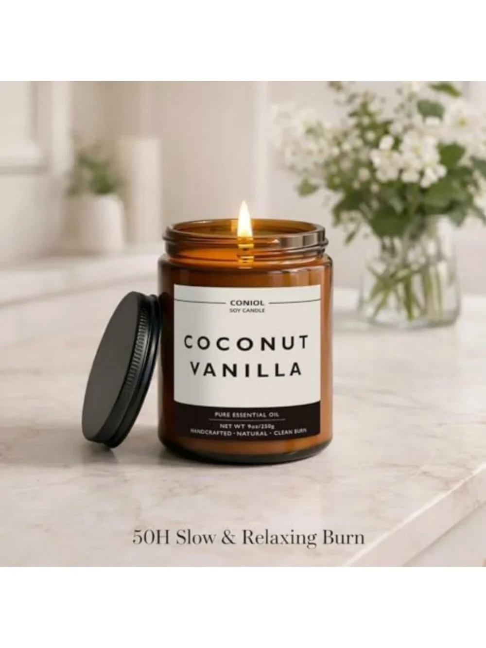 Coconut Vanilla Soy Wax Candle - 9oz Aromatherapy Jar, Long-Lasting & Non-Toxic